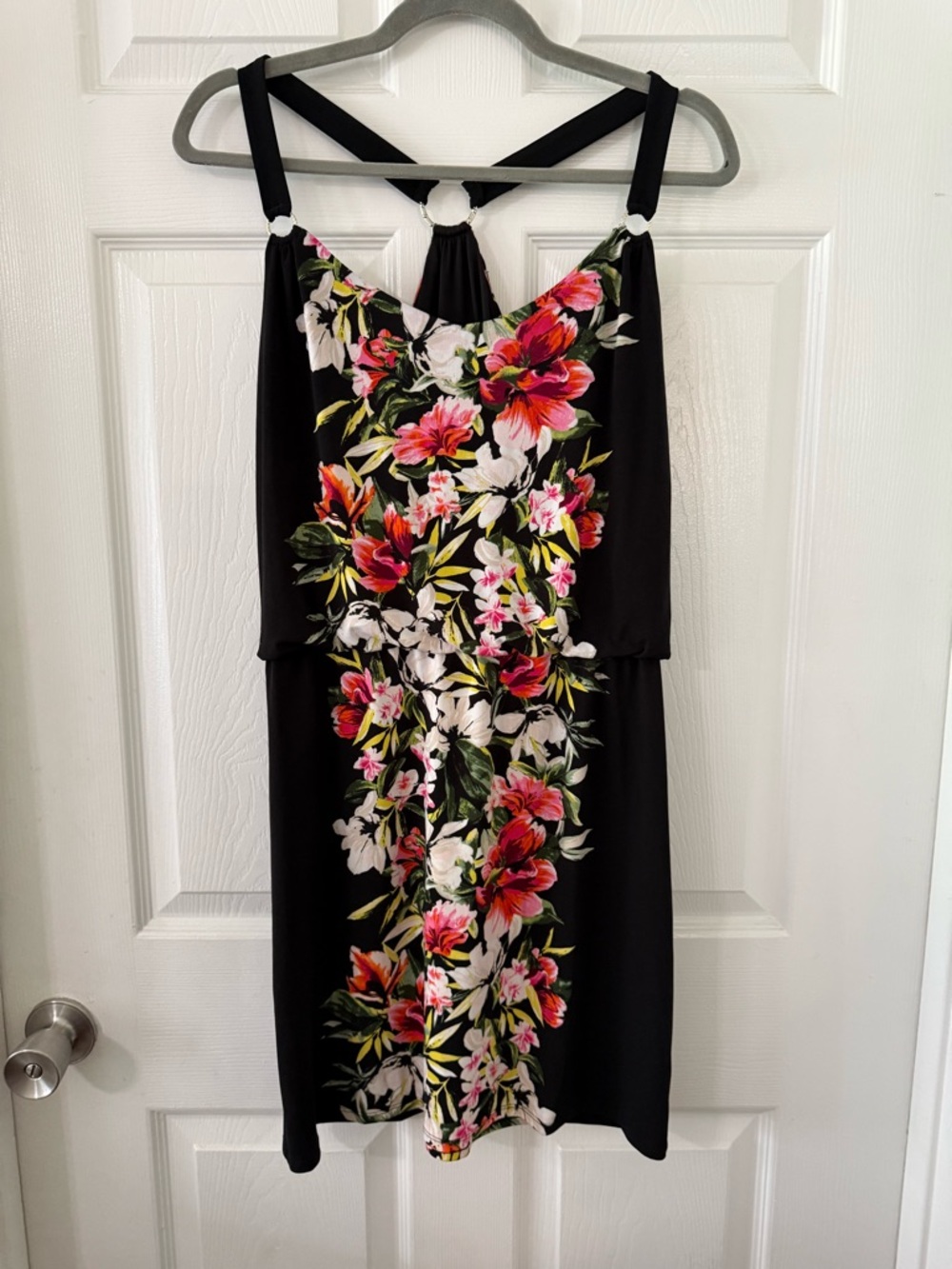 White House Black Market Black Midi Dress with Red & White Floral Panel